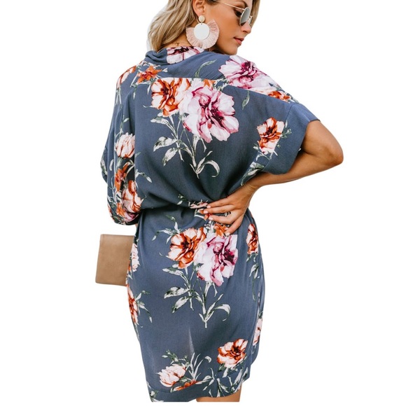 5⭐️ Floral Kimono Dress Blue Tie Front - Picture 3 of 9